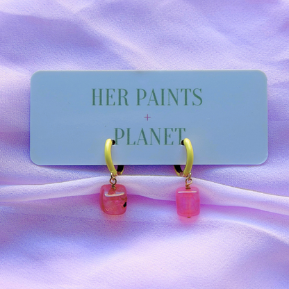 Pink Square Stone Mini Hoop Earrings