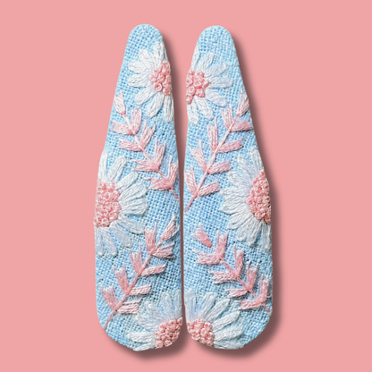 Light Blue Botanical Embroidered Hair Clips