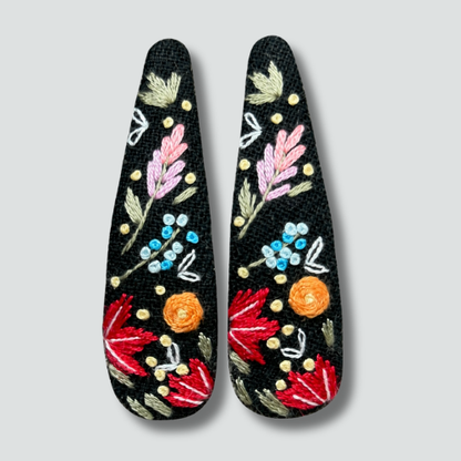 Black Colorful Garden Embroidered Hair Clips