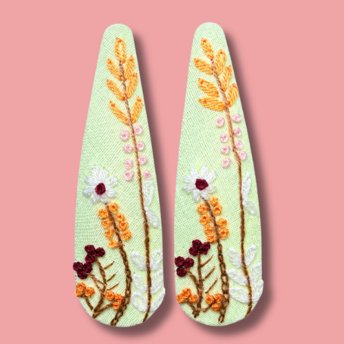 Mint Autumn Floral Embroidered Hair Clips