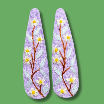 Lavender Daisy Branch Embroidered Hair Clips