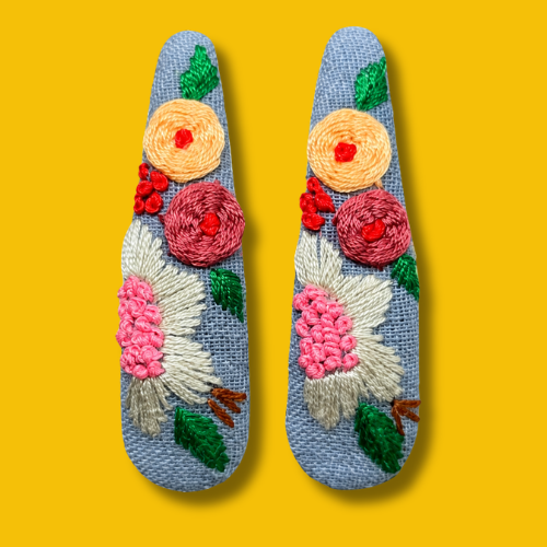 Denim Bold Floral Embroidered Hair Clips