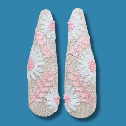Beige Pink Botanical Embroidered Hair Clips