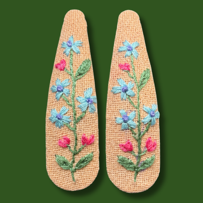 Peach Blue Wildflower Embroidered Hair Clips