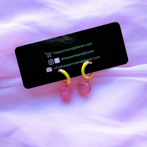 Pink Square Stone Mini Hoop Earrings