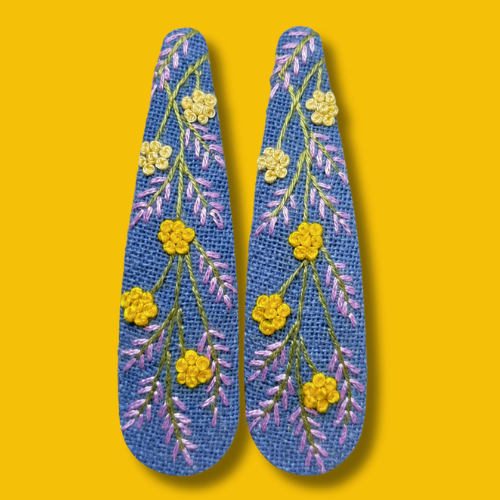Blue Yellow Wildflower Embroidered Hair Clips