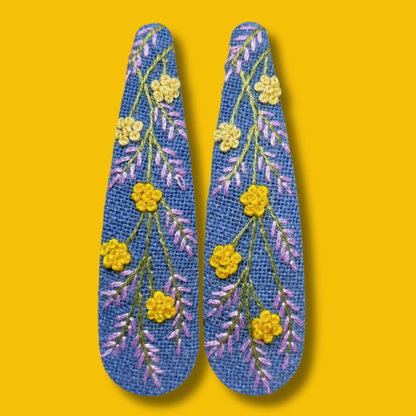 Blue Yellow Wildflower Embroidered Hair Clips