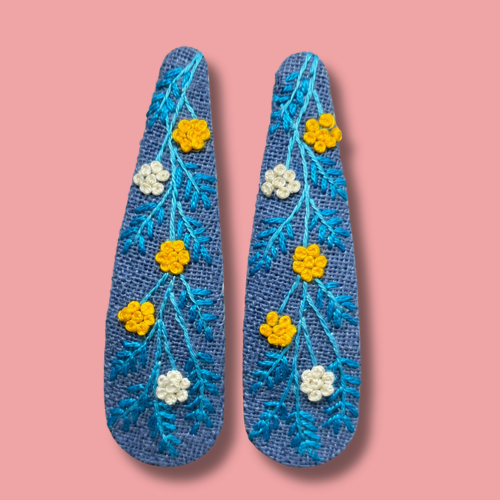 Blue Yellow Wildflower Embroidered Hair Clips