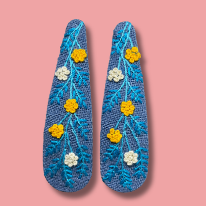 Blue Yellow Wildflower Embroidered Hair Clips