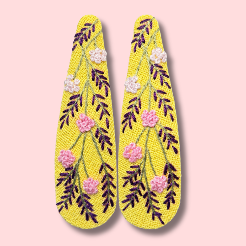 Yellow Purple Botanical Embroidered Hair Clips