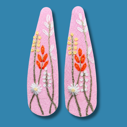 Pink Wildflowers Embroidered Hair Clips