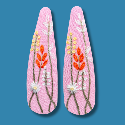 Pink Wildflowers Embroidered Hair Clips