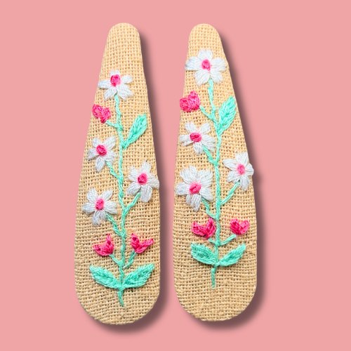 Beige Bright Wildflower Embroidered Hair Clips