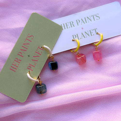 Pink Square Stone Mini Hoop Earrings