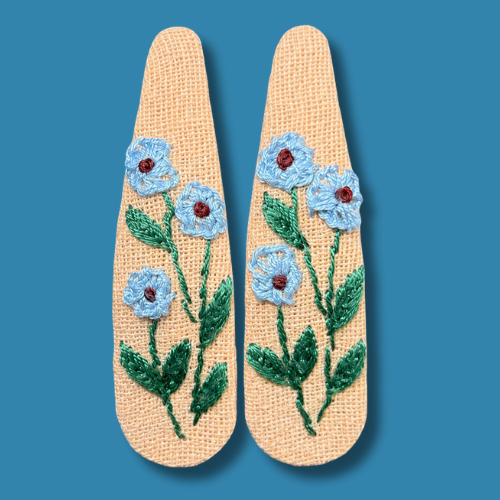 Beige Blue Poppy Embroidered Hair Clips